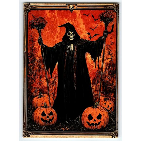Vintage Halloween Postcard Grim Reaper with Jack-O'-Lanterns Lithograph - Picture 1 of 2